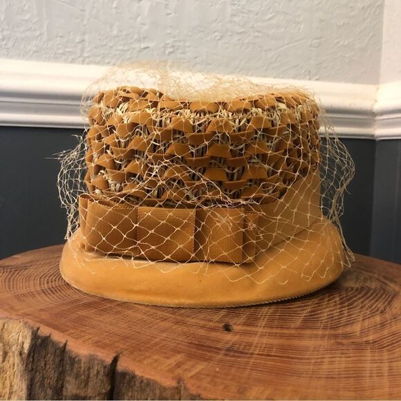 Vintage Mustard Yellow Velvet bucket Style Hat with Netting - Picture 1 of 12